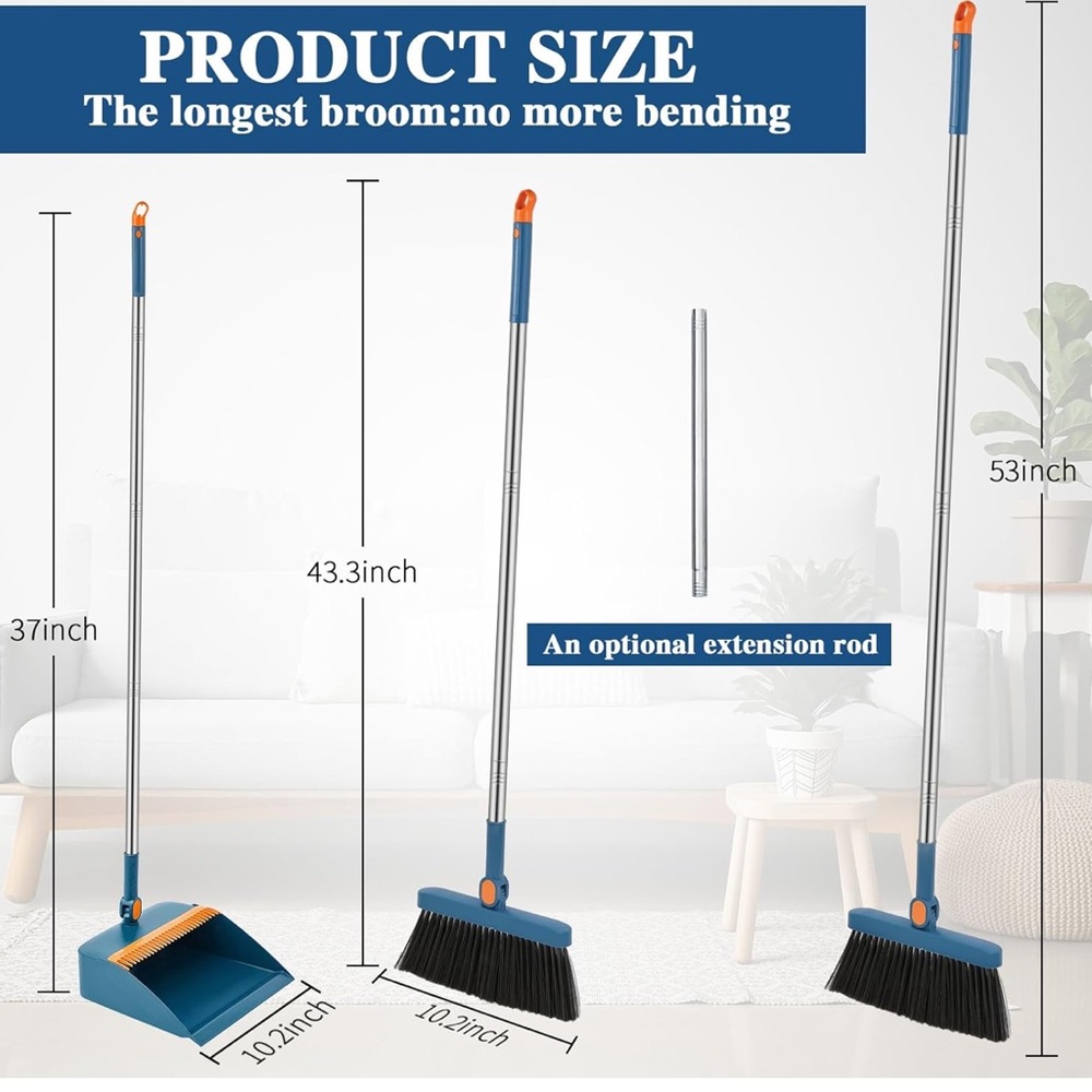 Broom and Dustpan Set 47 Inch Long Handle Brooms for Sweeping Indoor Household - Picture 2 of 6